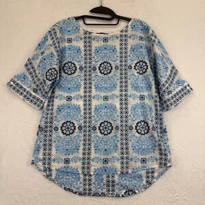 Boho Chic Embroidered Eyelet Tunic Top White Blue‎ Floral Size S Small